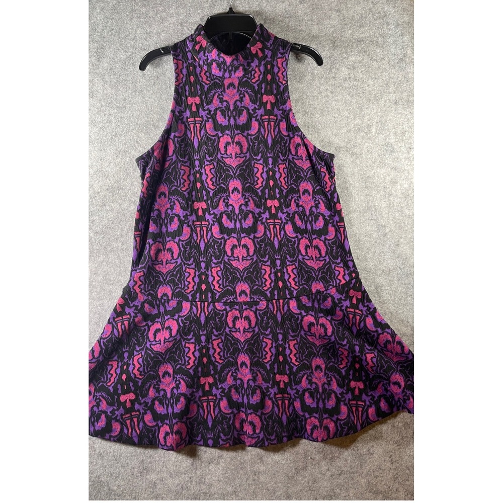 Free People Purple Pink Damask Print Neck Drop Waist Mini Dress Sleeveless Retro